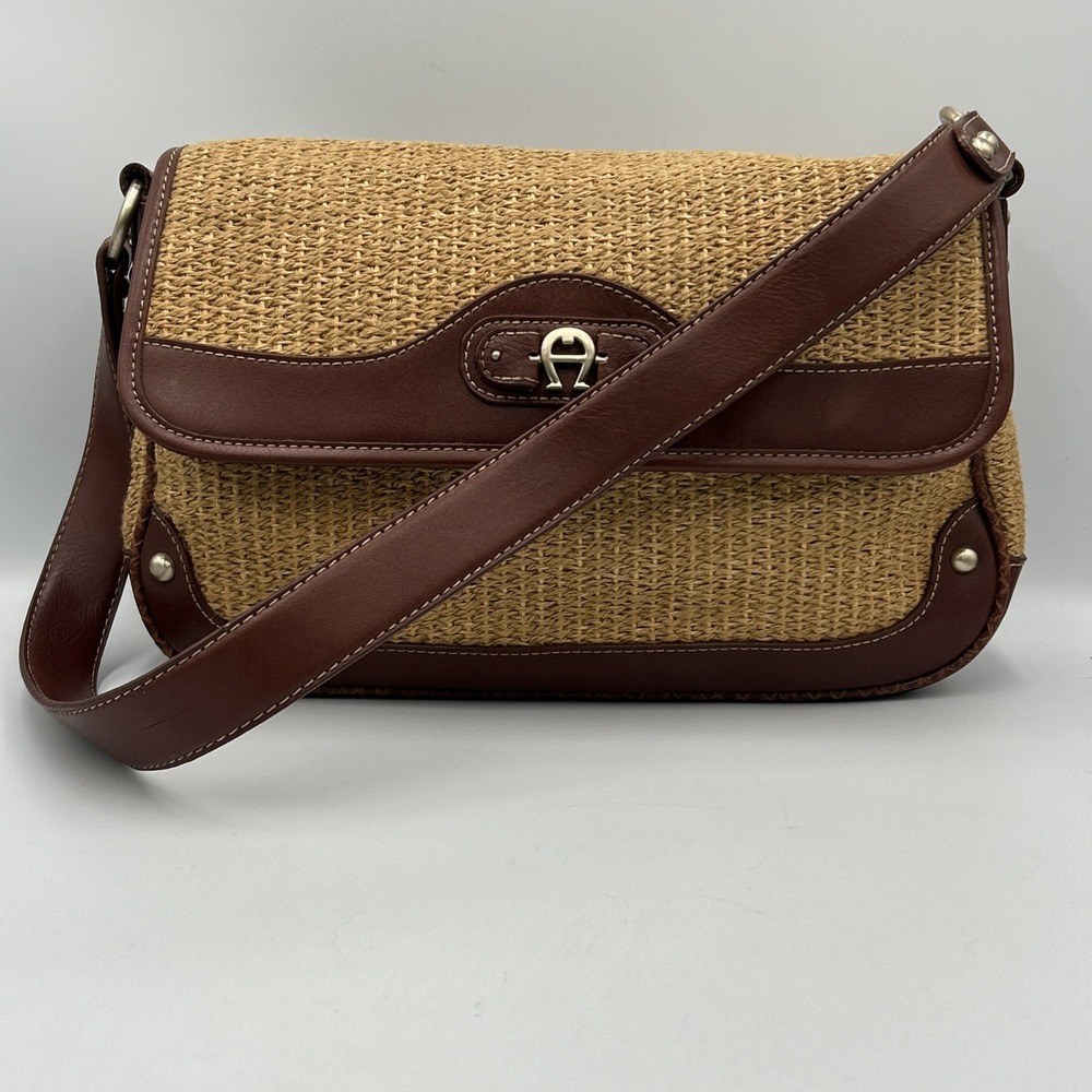 Etienne Aigner Y2K Brown Leather Woven Jute Shoulder Bag Vintage Style Handbag